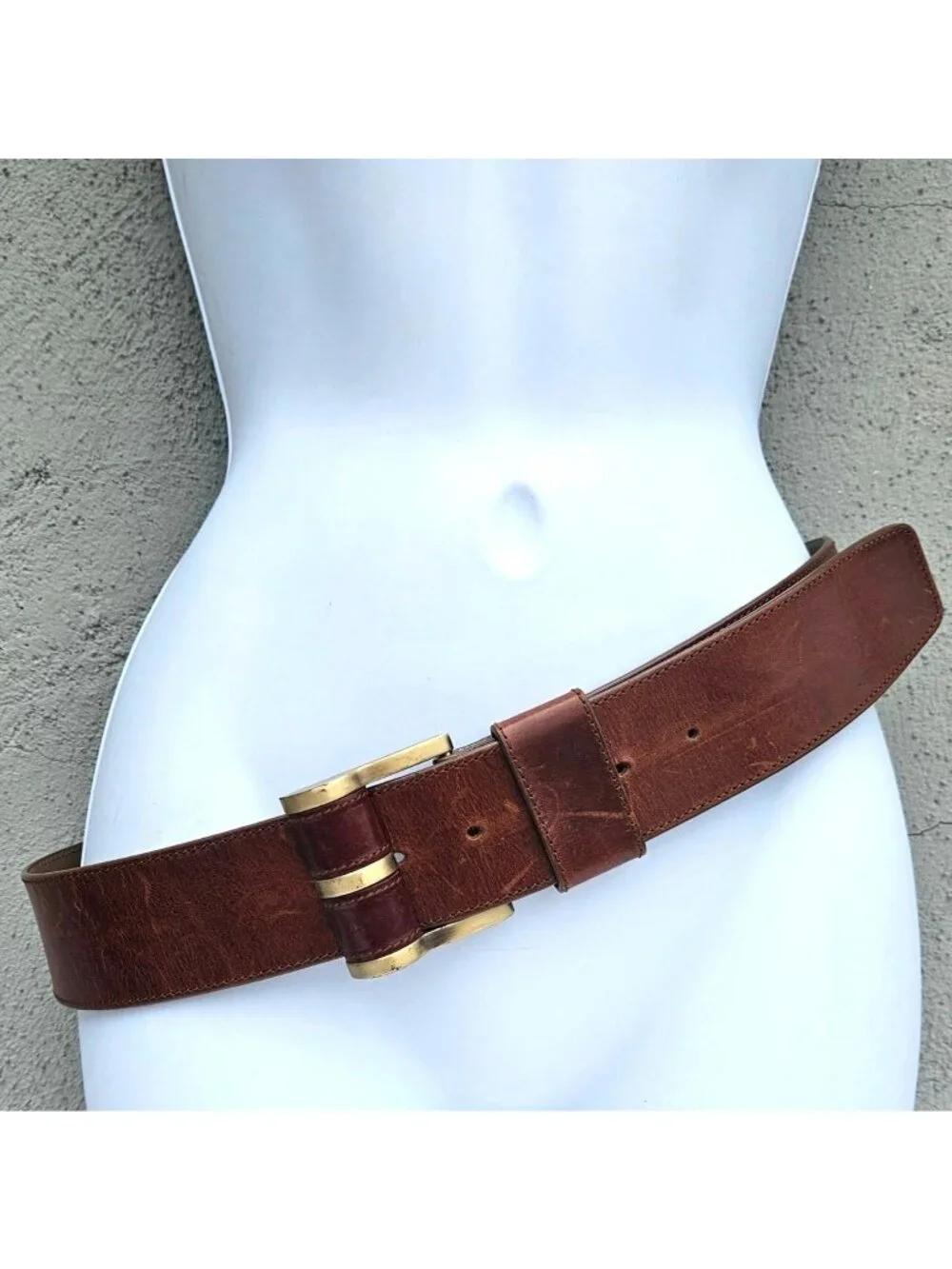 DKNY Donna Karan Wide Brown Leather Belt Brass Buckle Italy Sz L 31-36